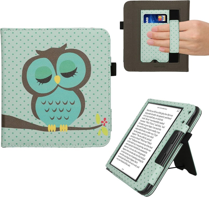 kwmobile Case Compatible with Kobo Libra Colour - Case PU Leather Cover with Magnet Closure, Stand, Strap, Card Slot - Sleeping Owl Turquoise/Brown/Mint - Image 1